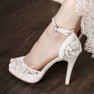 FSJ White Lace Peep Toe Ankle Strap Platform Pump